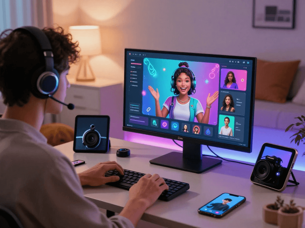 Person using sex ai chat with vibrant AI characters in a cozy modern workspace