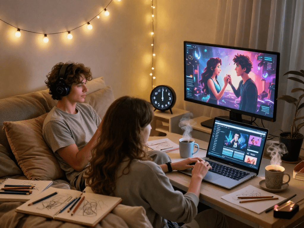 Cozy virtual environment depicting a couple engaged in NSFW AI roleplay with intimate avatars on screens.