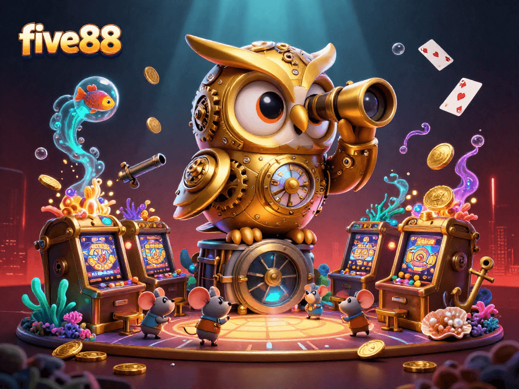 Discover the thrilling world of five88, featuring vibrant casino scenes with a clockwork owl and whimsical characters.
