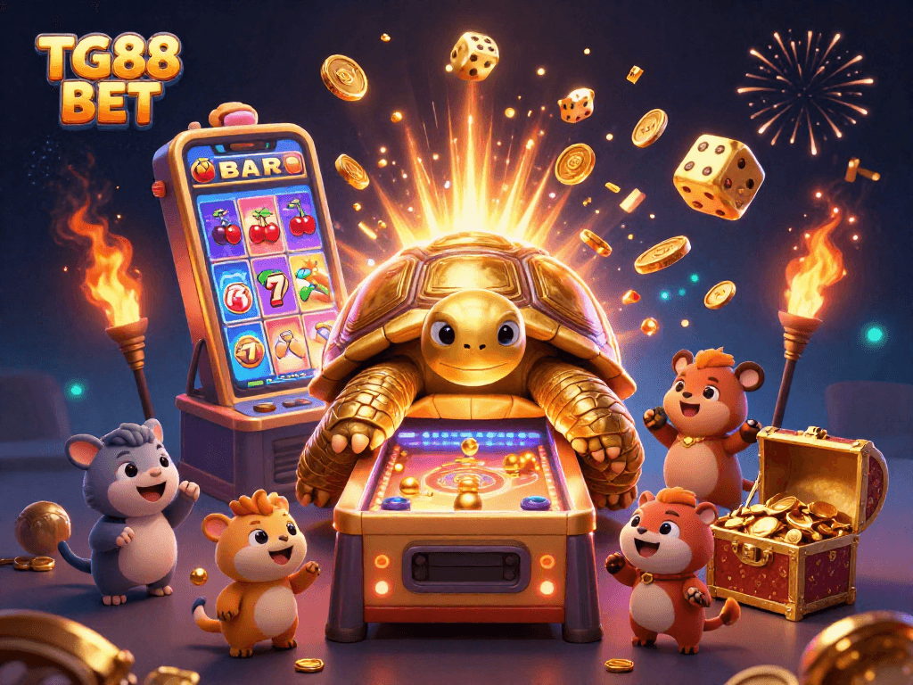 Experience exciting gameplay with TG88 BET, featuring a plush tortoise pinball machine and vibrant casino elements.