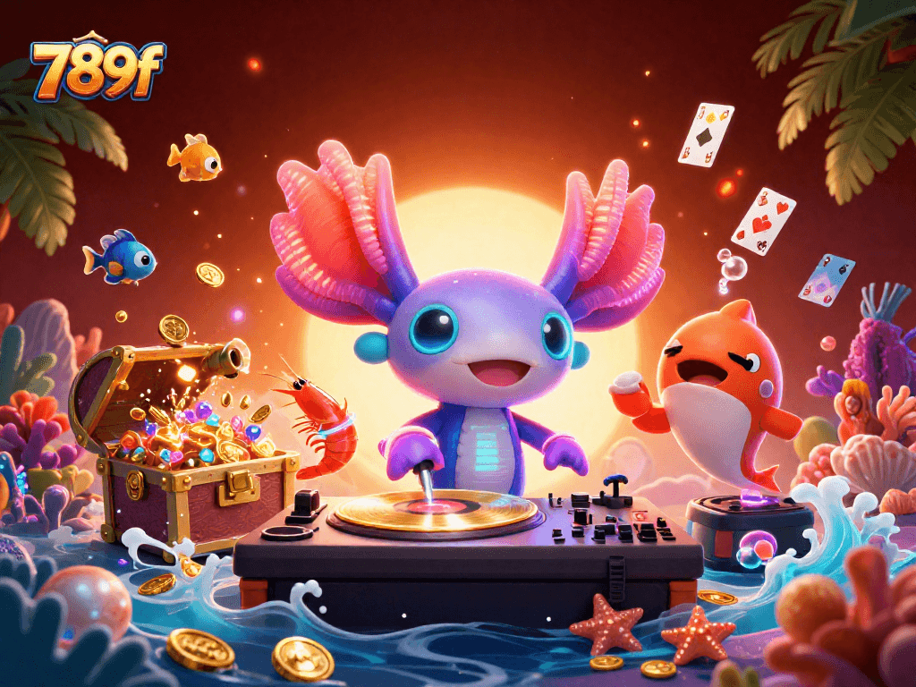 Spin to win with 789f at this lively underwater casino scene featuring vibrant characters and treasure!