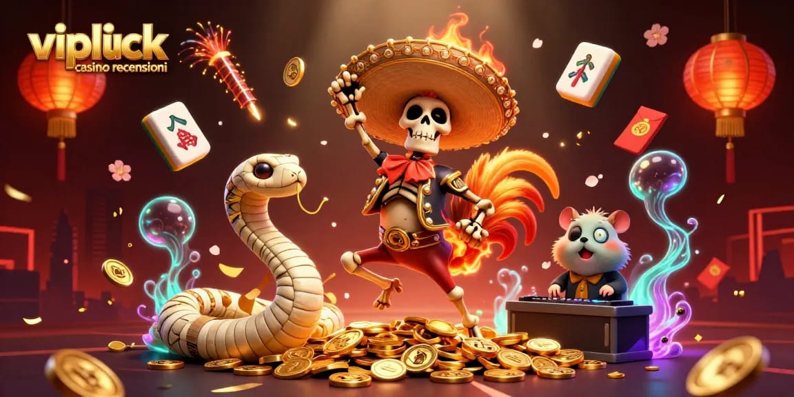 Vivi l'emozione di vipluck casino recensioni con un festoso scheletro mariachi danzante circondato da simboli asiatici.
