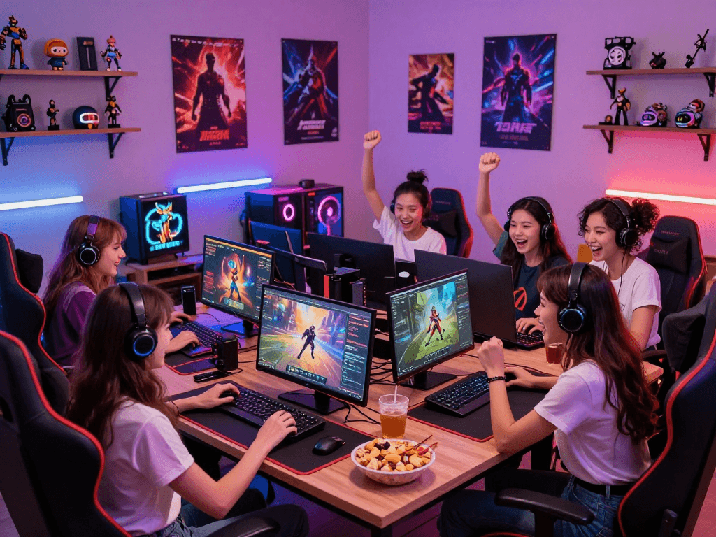 Engaged female gamers enjoying a female porn game with colorful setups and snacks.
