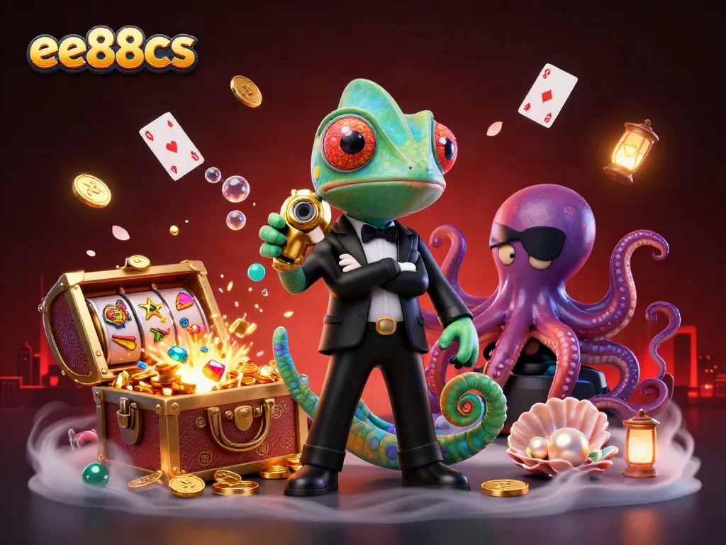 Experience ee88cs with vibrant casino-themed characters amidst a treasure explosion, showcasing slots elements and dynamic gameplay.