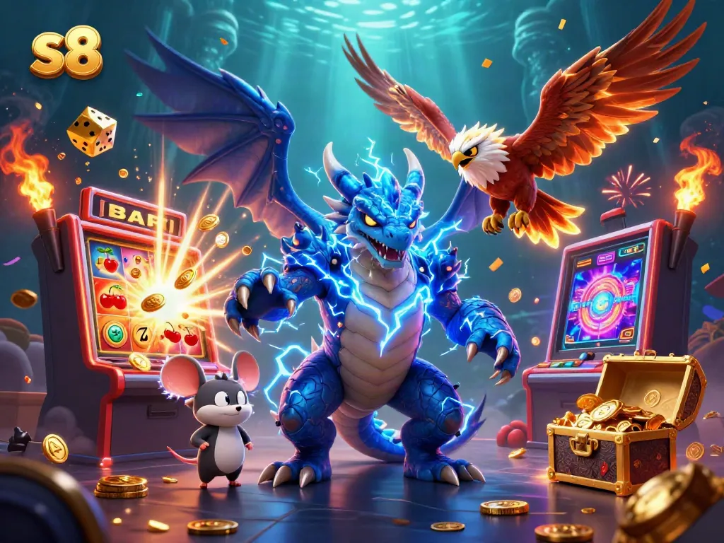 Experience thrilling s8 slot adventures in an electrifying dragon-themed casino scene.