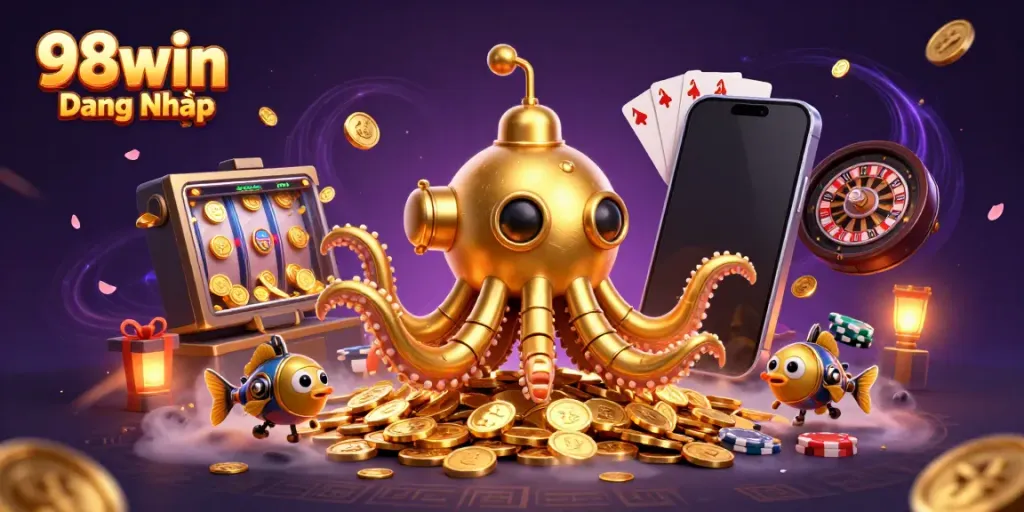 Experience the excitement with 98win Đăng Nhập as a golden kraken surfaces through coins, showcasing vibrant casino elements.