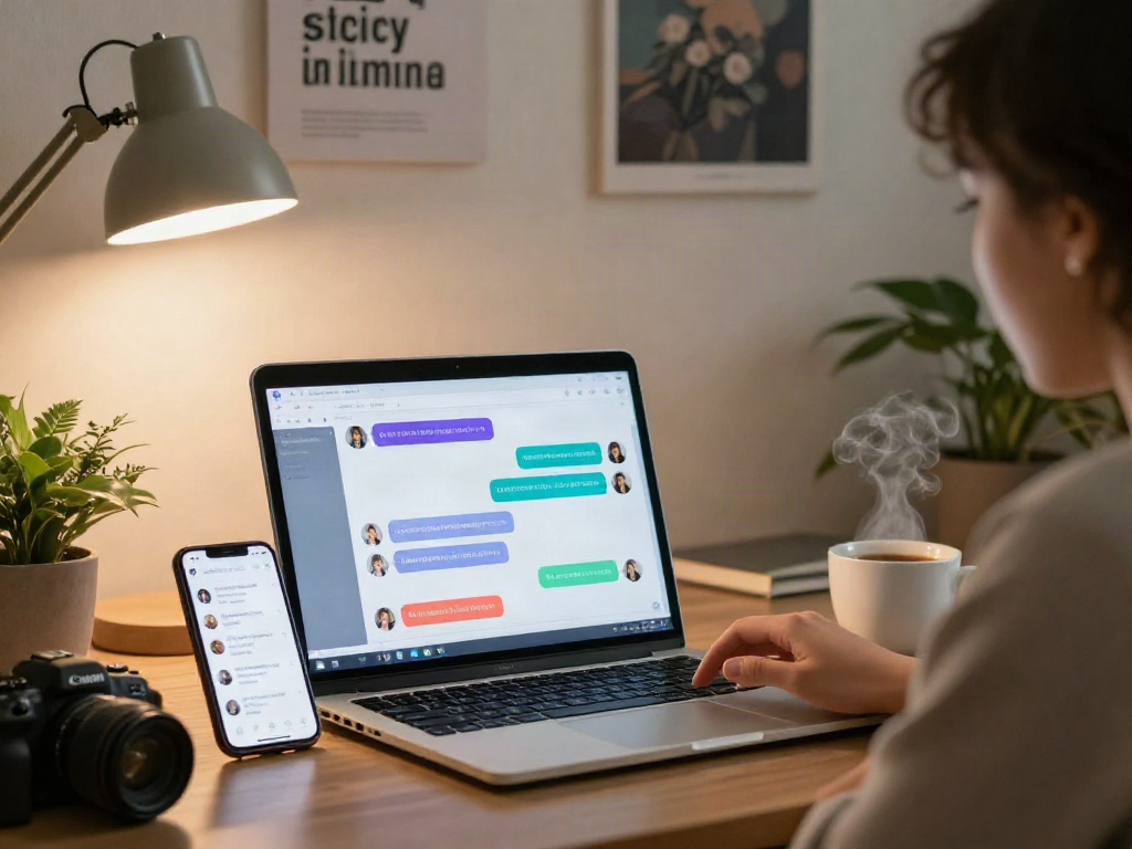 Interactive scene of spicy chat ai on a laptop, warm home office with chat bubbles and coffee.