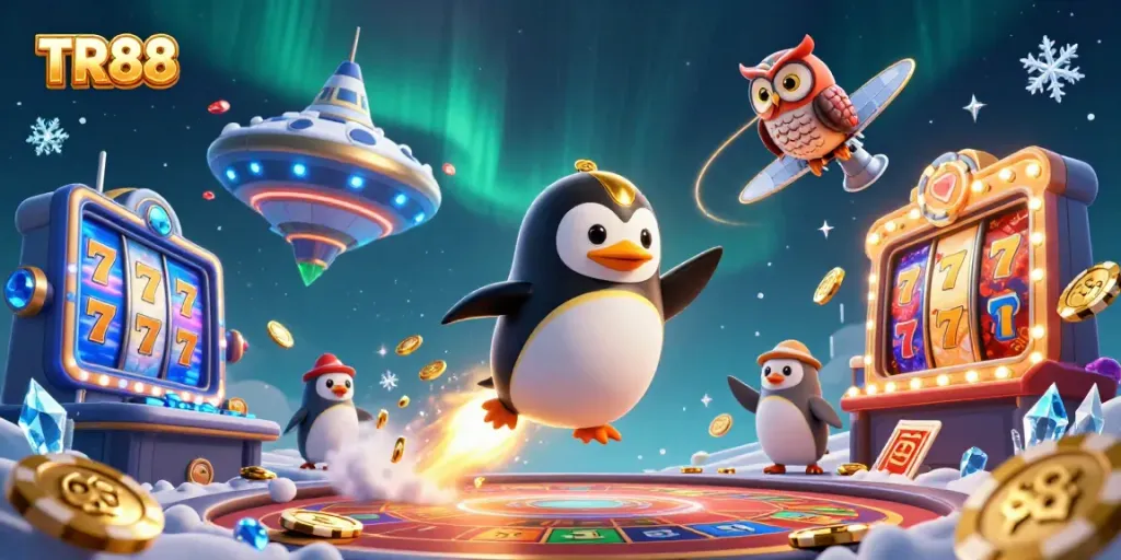 Engage with TR88 in a vibrant casino scene filled with dynamic slots and golden elements.