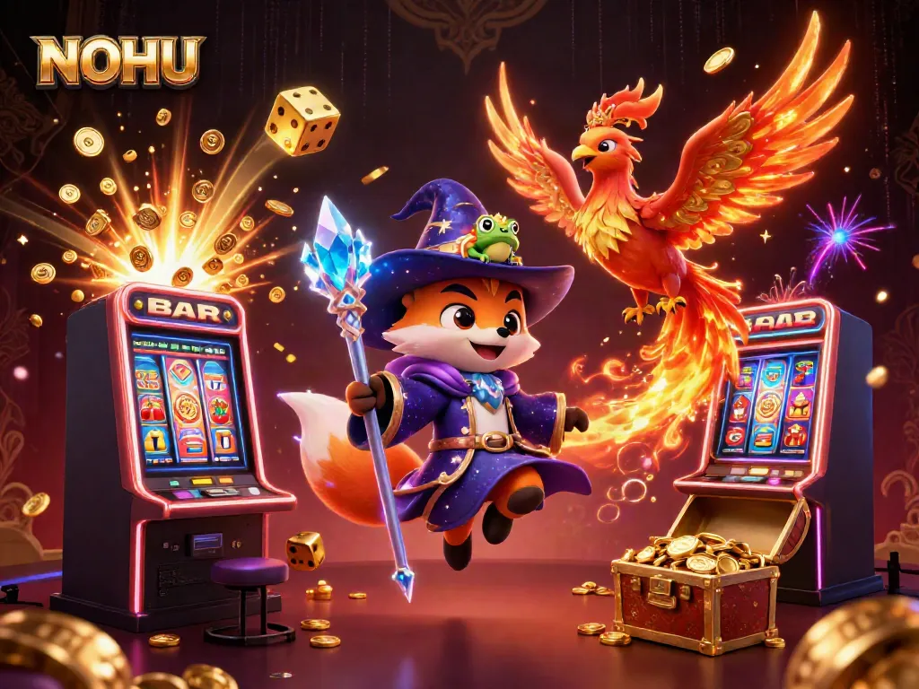 Experience the thrill of NOHU with vibrant 3D characters and casino elements exploding in a colorful jackpot.
