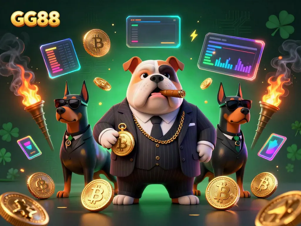 Experience the thrill of GG88 with a mafia boss bulldog and bodyguards in a casino scene.