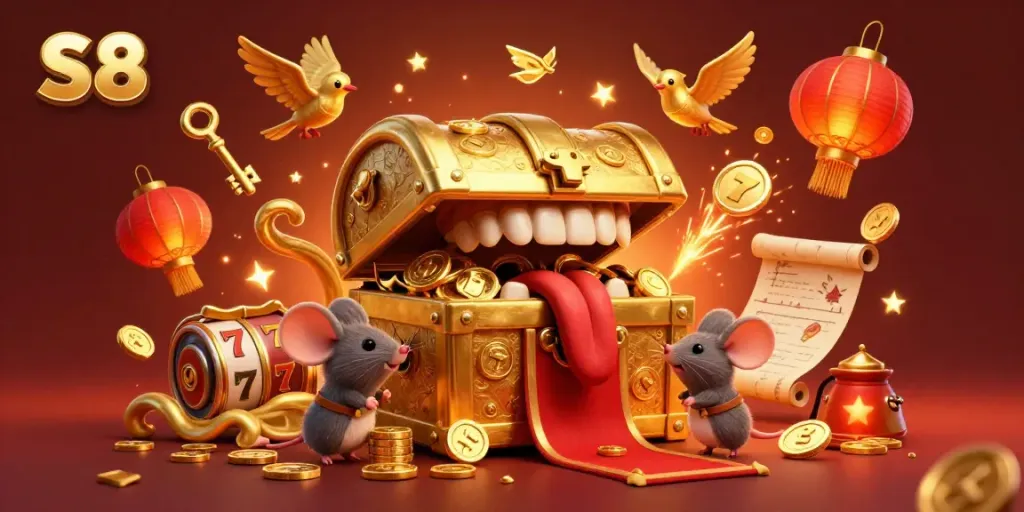 S8 offers a vibrant gaming atmosphere with animated treasure chest treasure, enticing adventurer mice for jackpot wins.