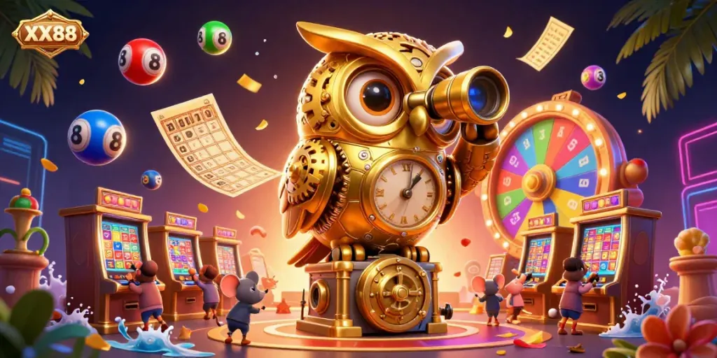 Engage with the exciting XX88 casino world featuring dynamic elements and a golden owl mascot.