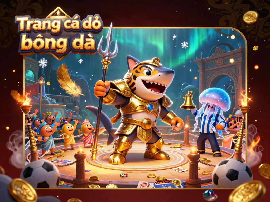 Engage with Trang cá độ bóng đá amid a thrilling underwater betting scene featuring a tiger shark in armor.