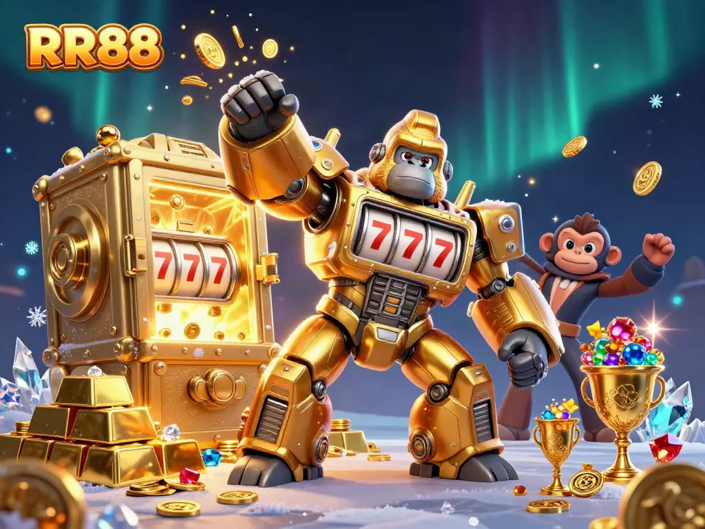 Experience thrilling RR88 gameplay with a golden mech and abundance of treasures in a vibrant scene.