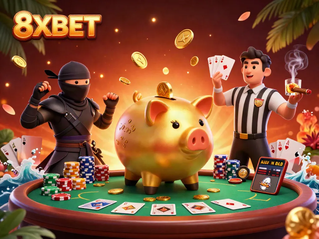 8XBET golden piggy bank wrestler stomping coins at a vibrant poker table scene.