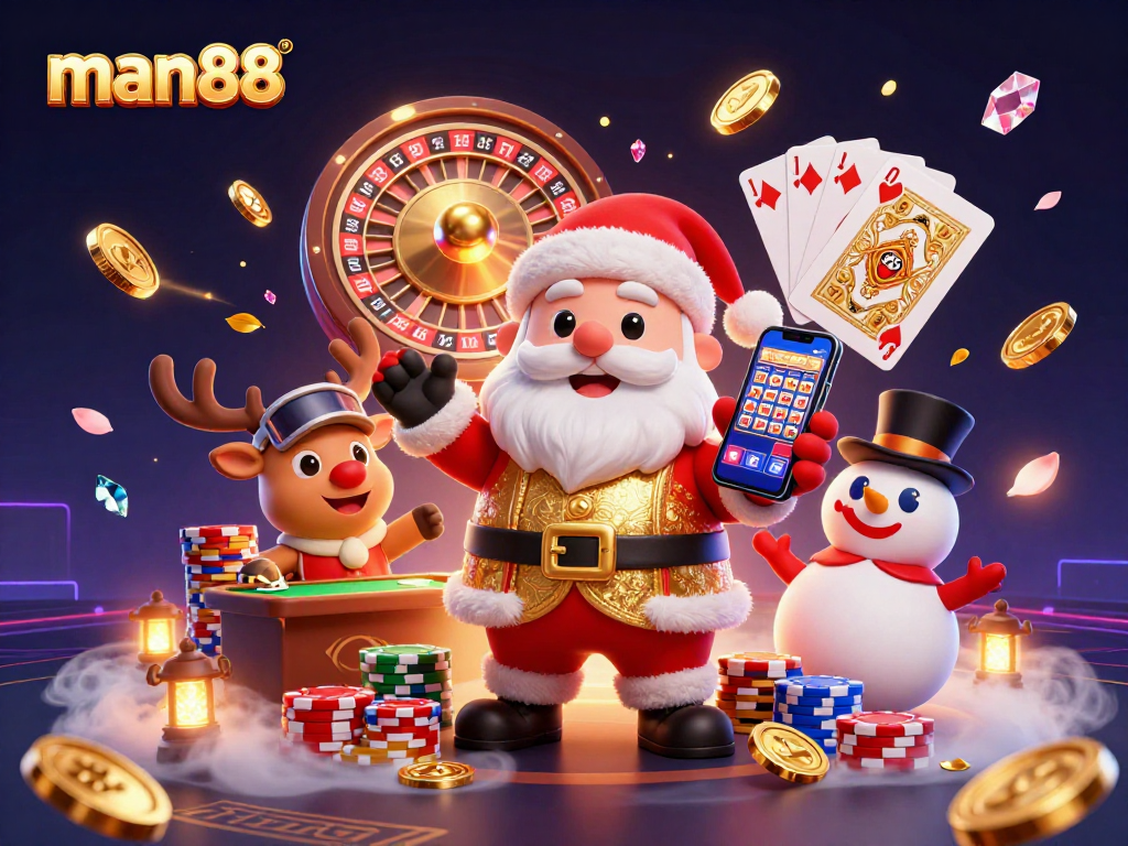 Experience thrilling jackpots with man88's 3D Santa in a vibrant casino scene.