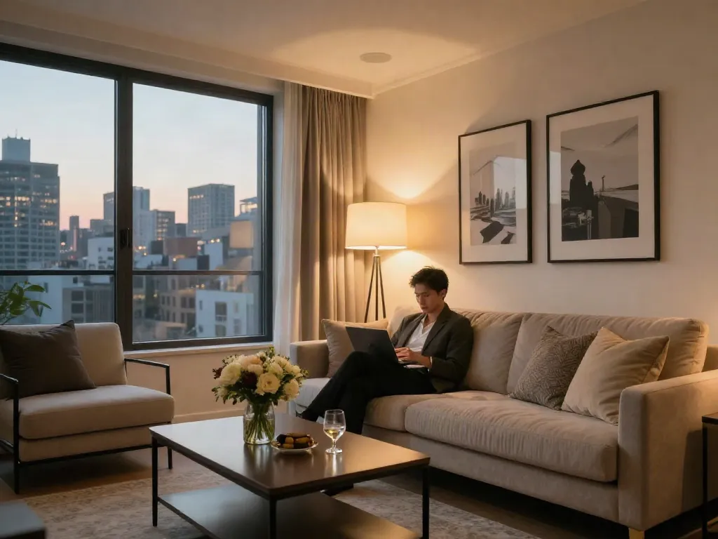Luxurious discreet apartment interior in a stylish urban setting, featuring a comfortable living area, inviting decor, and a view of the city skyline.