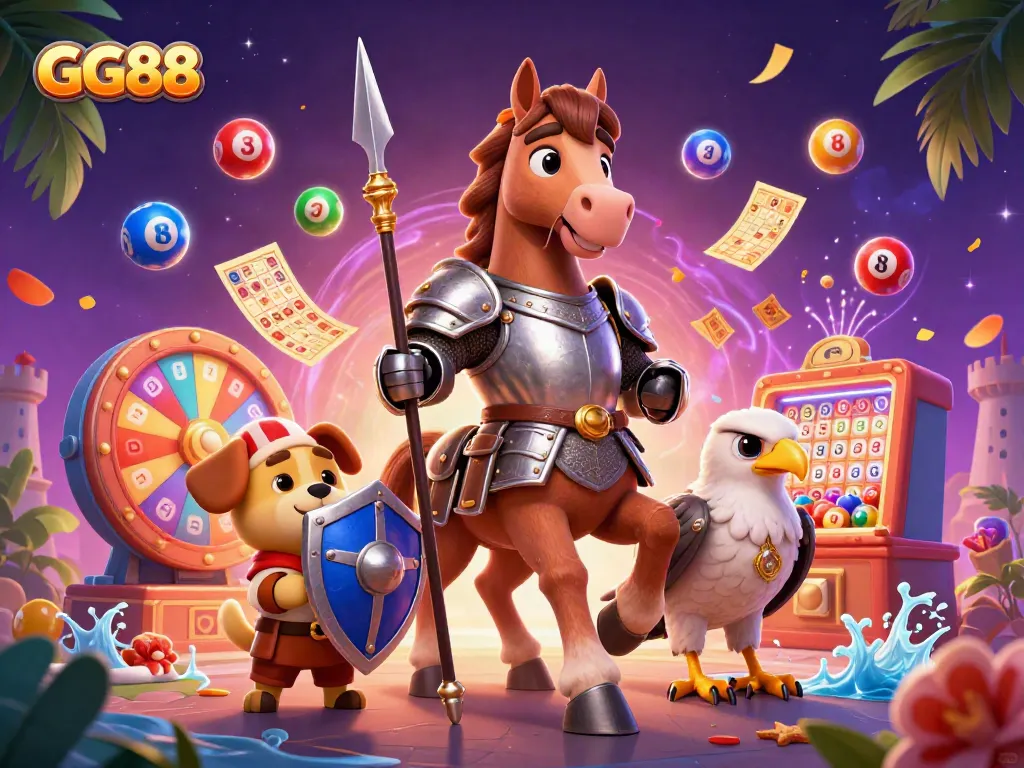 Experience the thrill of GG88 with a medieval knight and colorful lottery elements in a vibrant casino scene.