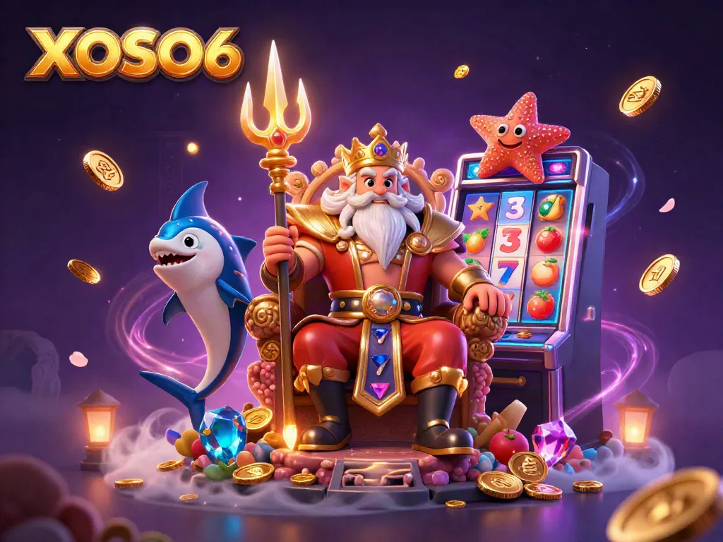 XOSO66 features a vibrant casino scene with Neptune and gaming elements illustrating excitement and rewards.