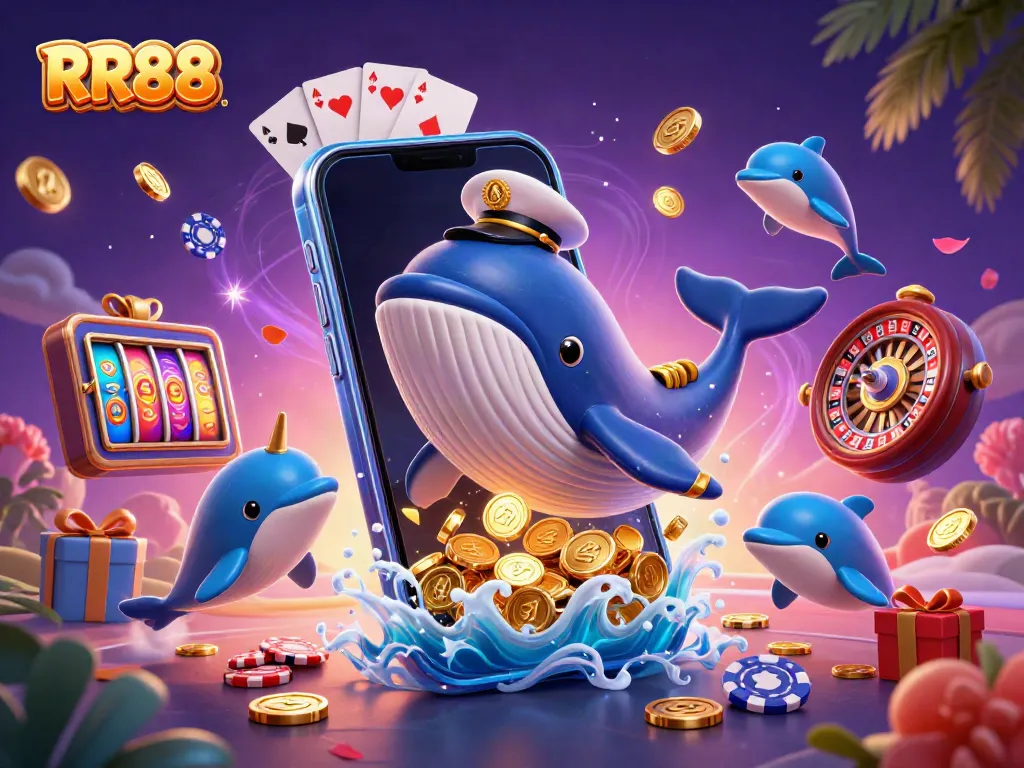 Experience the excitement of RR88 with a vibrant 3D illustration featuring a whimsical whale, narwhal, and dolphins amidst casino elements.