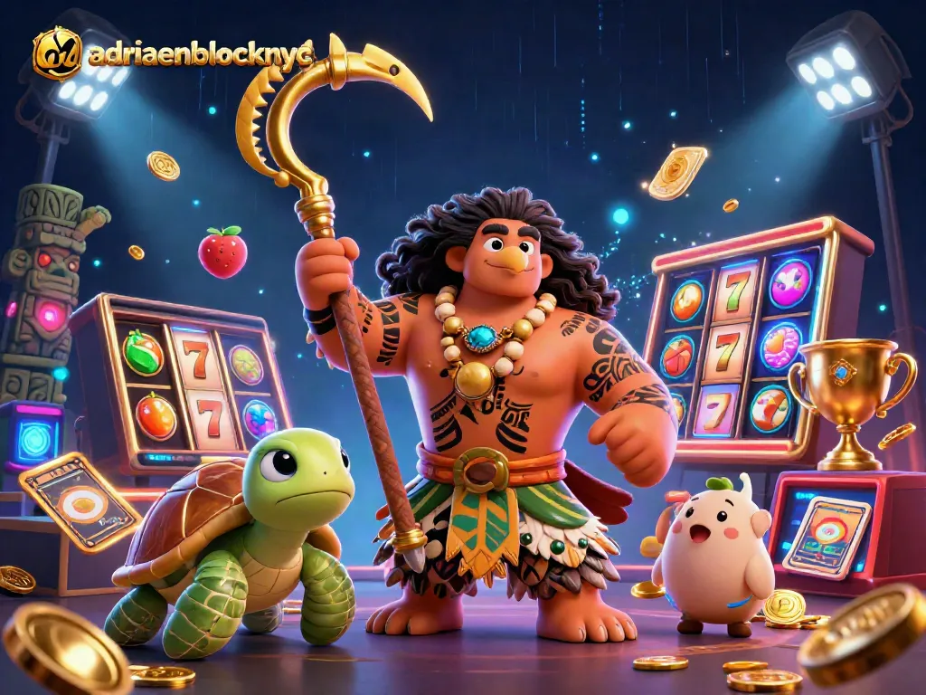 Experience casino thrills with adriaenblocknyc's vibrant illustration featuring demigod on a lucky slot adventure.