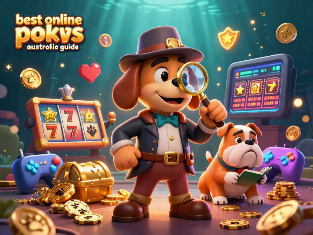 Engage with the best online pokies Australia guide showcasing a detective exploring golden poker chips amidst vibrant gaming elements.