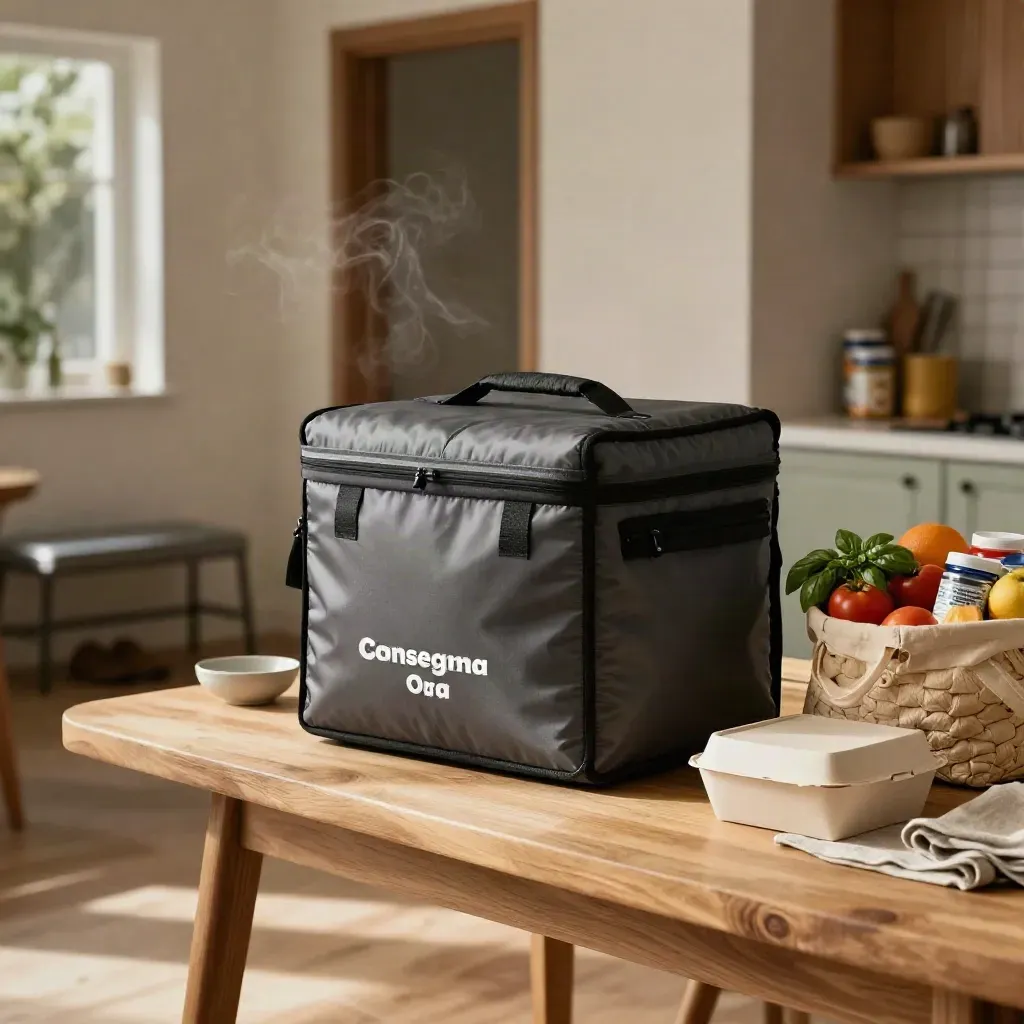 Borsa termica, borsa spesa e box takeaway su tavolo d’ingresso, con vapore e corridoio sfocato.
