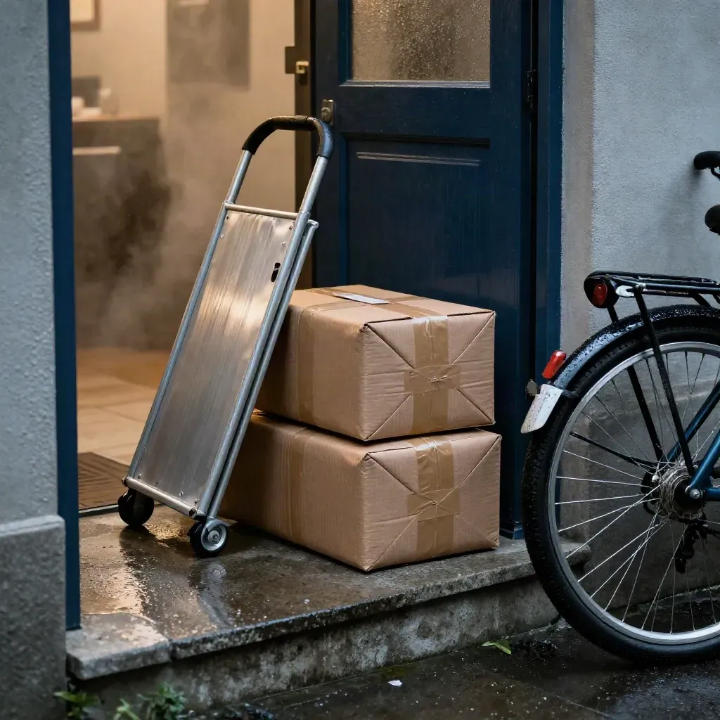 Pacchi pronti per un ritiro rapido accanto a un portone bagnato e una bici cargo