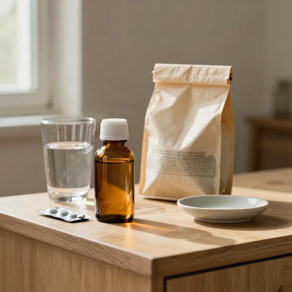 Boccetta di medicina su credenza con blister, bicchiere d’acqua e sacchetto in carta.