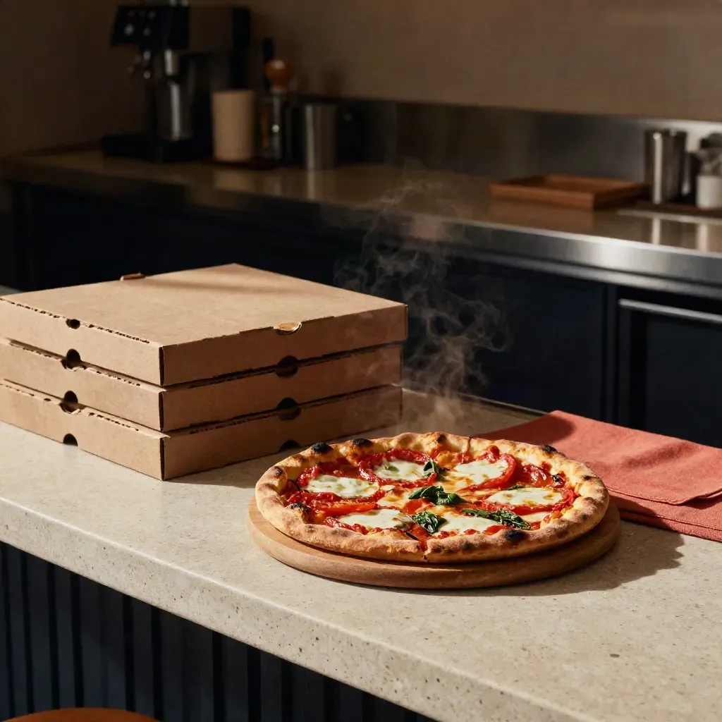 Scatole pizza kraft e pizza fumante su banco di caffè con luce calda e vapore