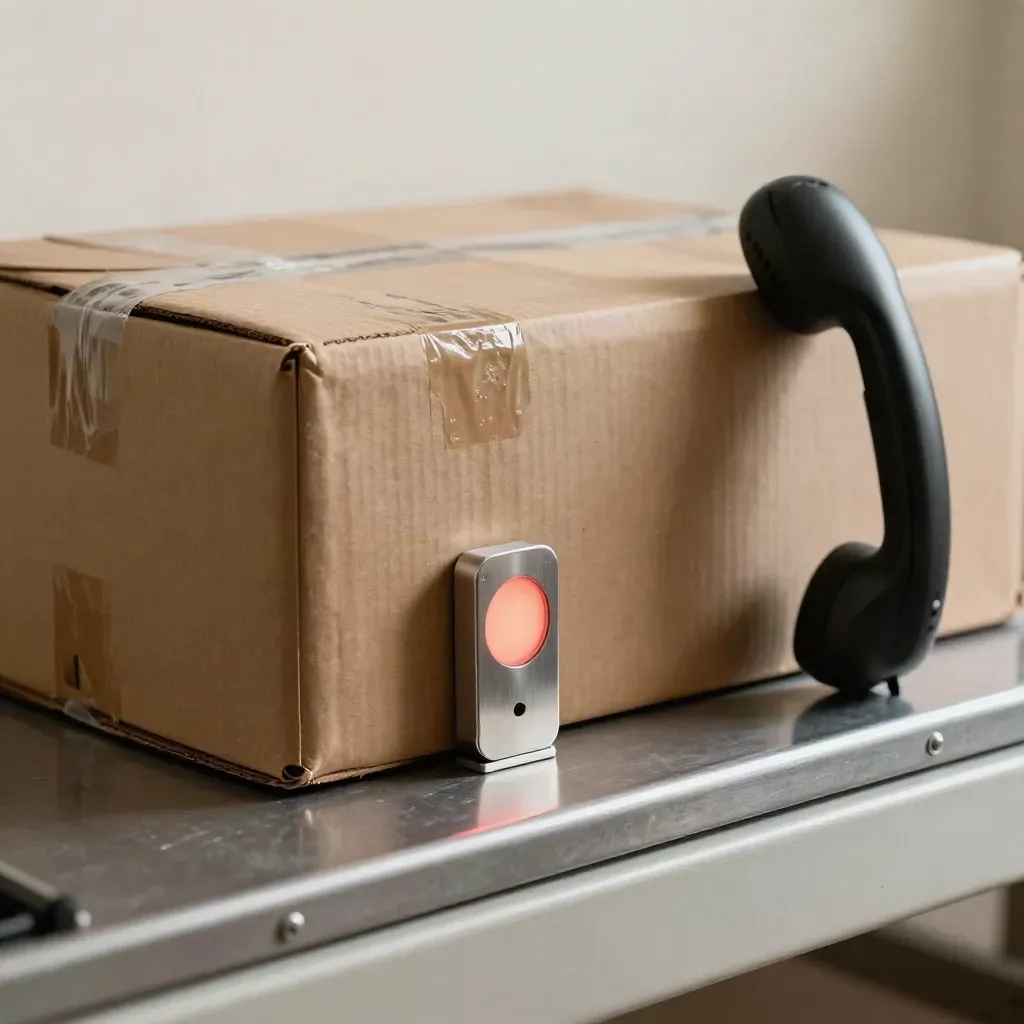 Pacco con beacon di tracciamento e smartphone appoggiato, luce corallo tenue