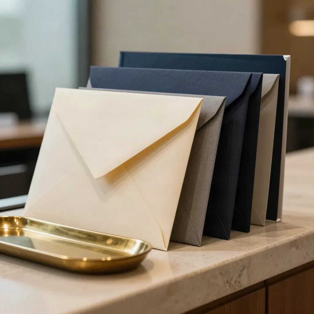 Buste sigillate, cartelline legali chiuse e vassoio in ottone su una reception elegante.