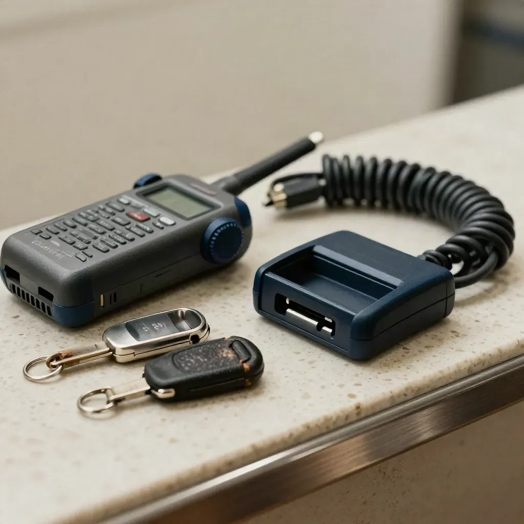Radio dispatch, dock per scanner, portachiavi e cavo arrotolato su ledge in travertino chiaro.