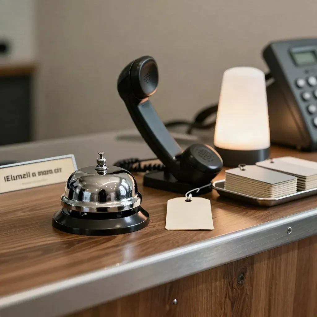Campanello, telefono cliente, lampada risposta e cartellini pacco su banco operativo.