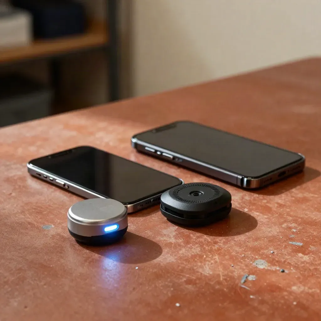 Smartphone, GPS e beacon LED su banco da lavoro in stile editoriale per tracking live.