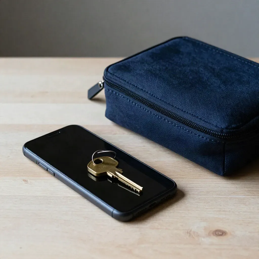 Smartphone capovolto, chiave in ottone e pouch da corriere su legno chiaro, luce morbida.