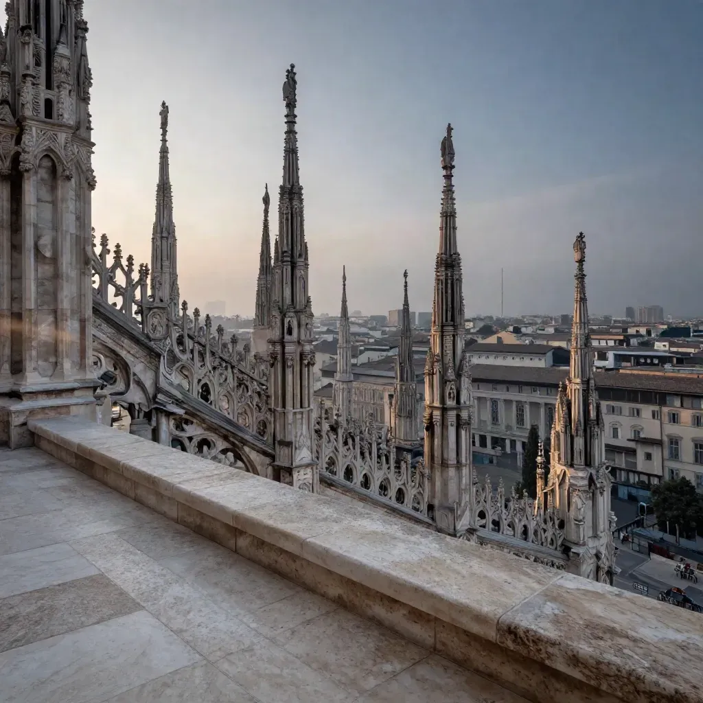 Panorama di Milano con guglie del Duomo e torre lontana sopra pietra travertino e foschia dorata.