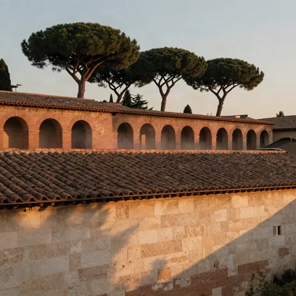 Panorama dorato di Roma con archi in mattoni e pini domestici sopra tetti in terracotta.