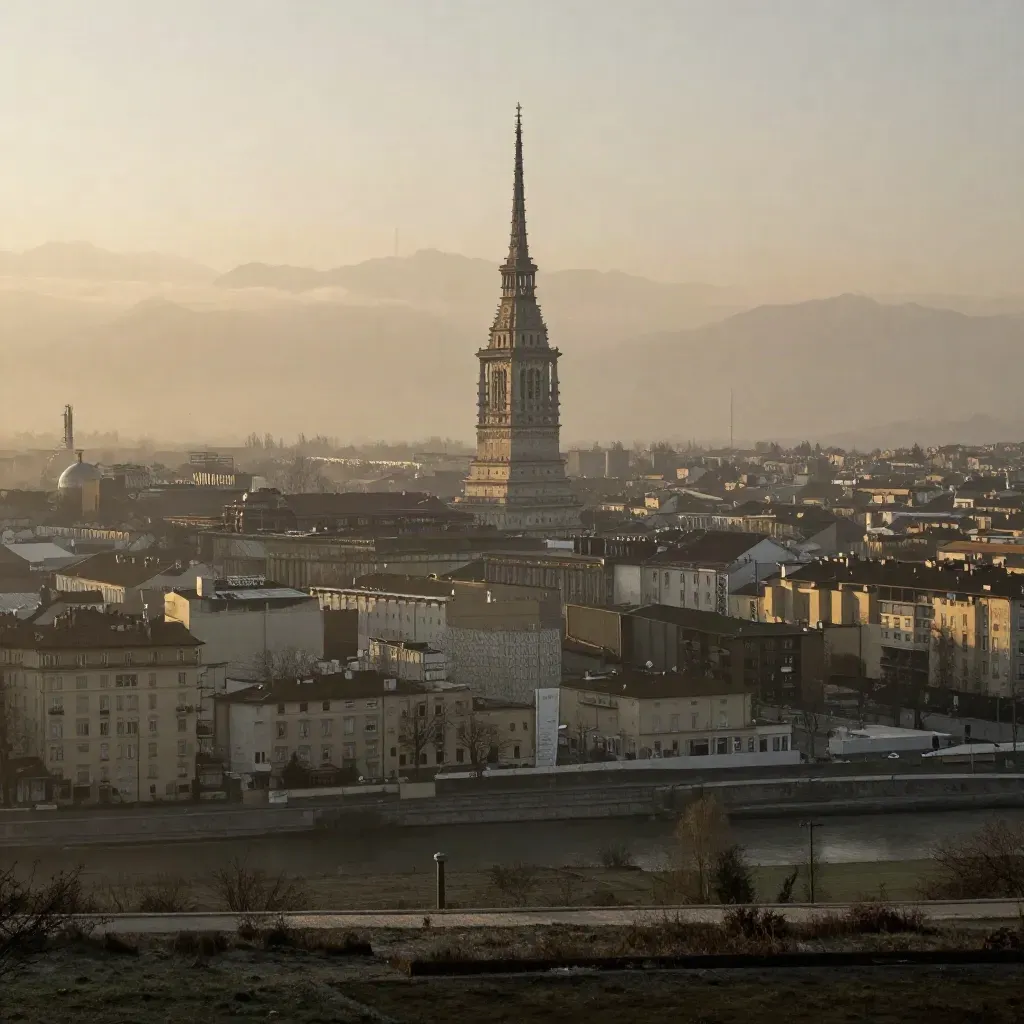 Mole Antonelliana e tetti industriali nel misto del Po al tramonto.