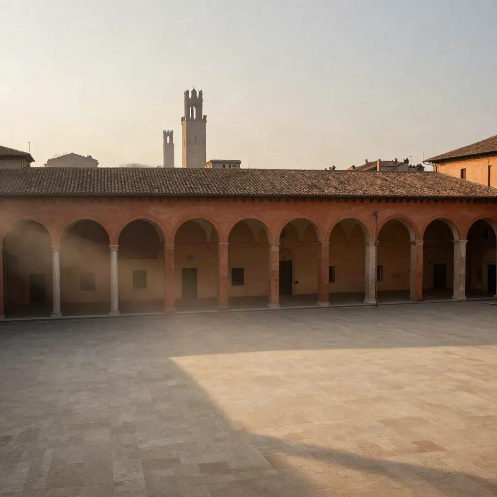 Arcate rosse di Bologna e torri lontane sopra la pianura emiliana nella luce del tramonto
