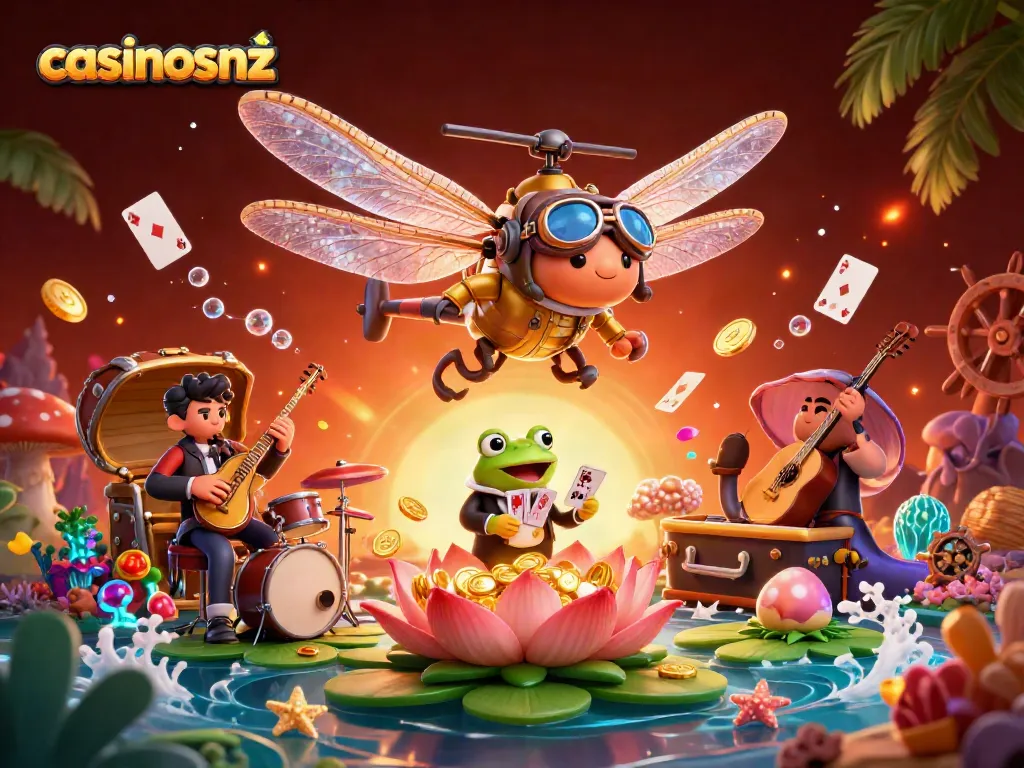 Experience casinosnz with a vibrant casino scene rich in detail, featuring dynamic characters and classic gaming elements.