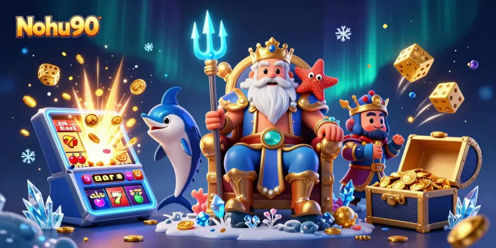 Nohu90 jackpot celebration with Neptune, slot machines, and coins bursting in 3D casino scene