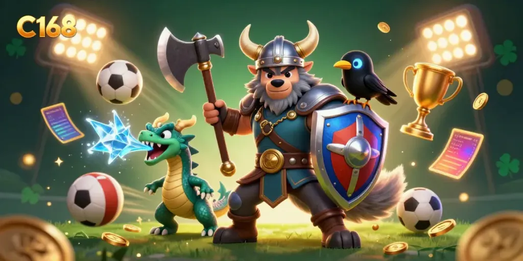 Experience thrilling gaming at C168 with a vibrant 3D scene of a Viking warrior, dragon, and raven, capturing the essence of casino excitement.