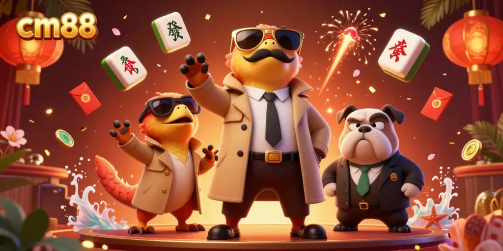 Experience cm88's exciting VIP casino vibe with playful raptors and a bulldog bouncer in a dynamic scene.