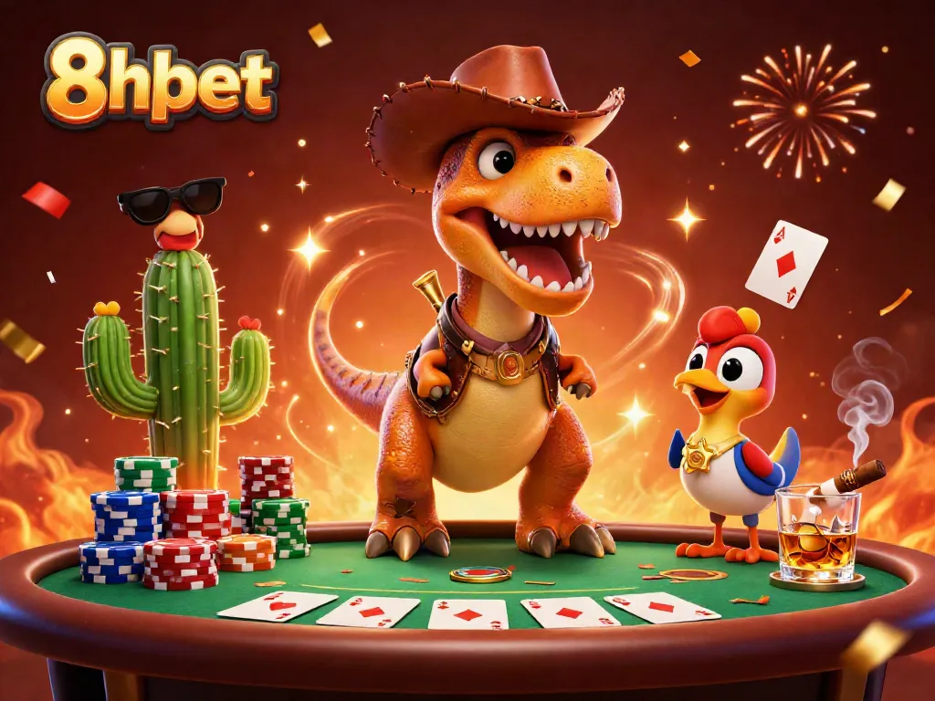 Experience thrilling card games with 8xbet's unique characters in an exciting casino illustration.