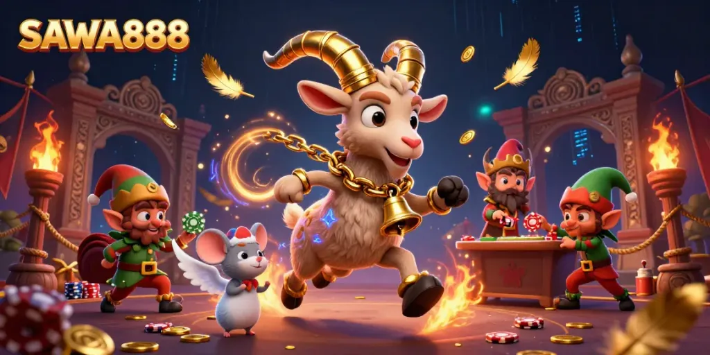 Experience the thrilling atmosphere of SAWA888 casino with vibrant characters and immersive gaming elements.
