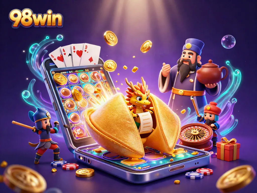 Engage in excitement with 98win's vibrant casino scene featuring rich game elements and enchanting characters.