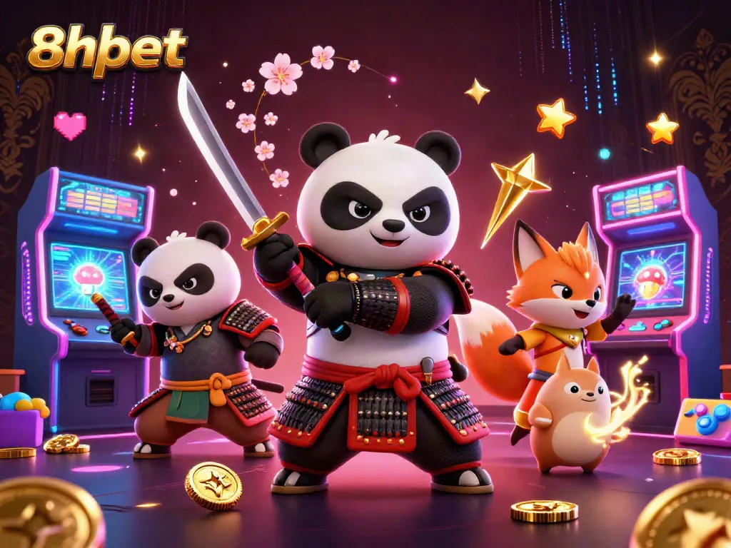 Engage with 8xbet's thrilling gaming world featuring a cartoon samurai panda and a ninja fox.