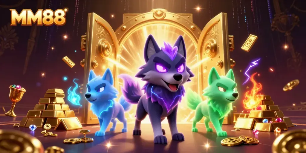 Experience thrilling gameplay at MM88 with magical wolf characters amidst a treasure-filled casino scene.