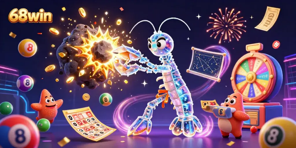 Experience the thrill of 68win as the mantis shrimp bursts through an asteroid showering gems and tickets.